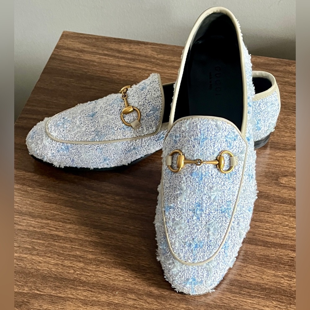 Gucci Jordaan Horsebit Light Blue Pastel Tweed, Miro Soft Trim Loafer, Size 37.5